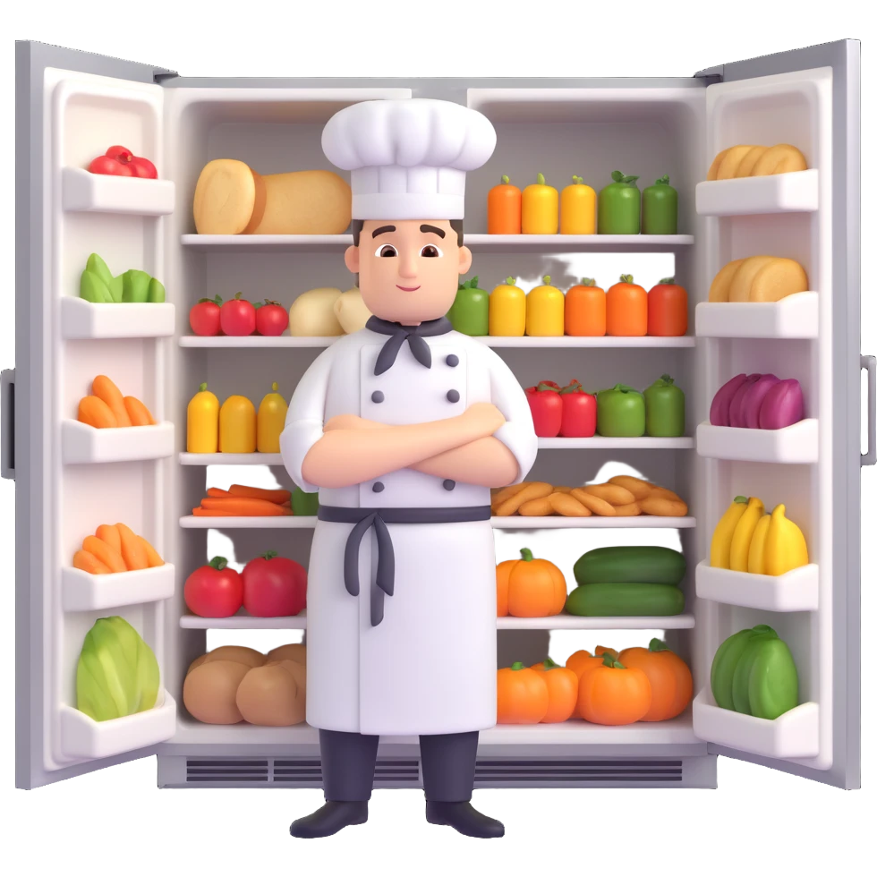 a chef in front of the fridge full of food emoji