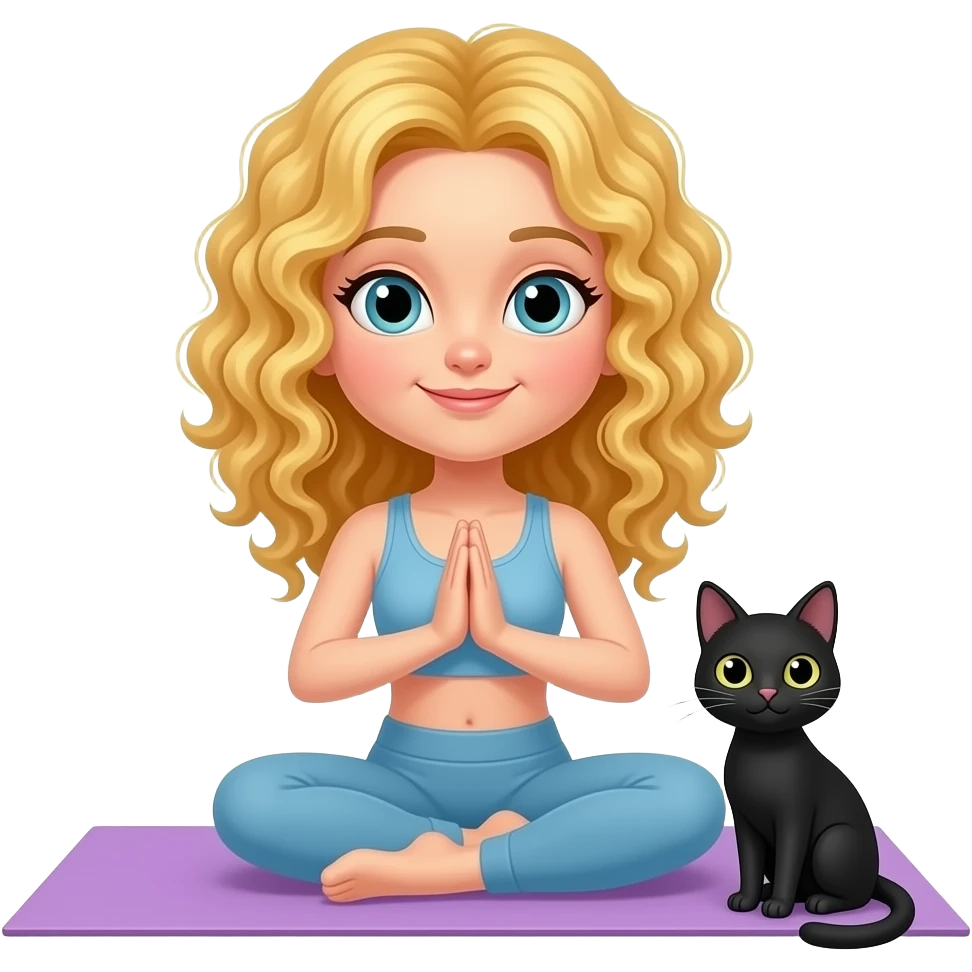 blonde curly haired yoga with black cat emoji