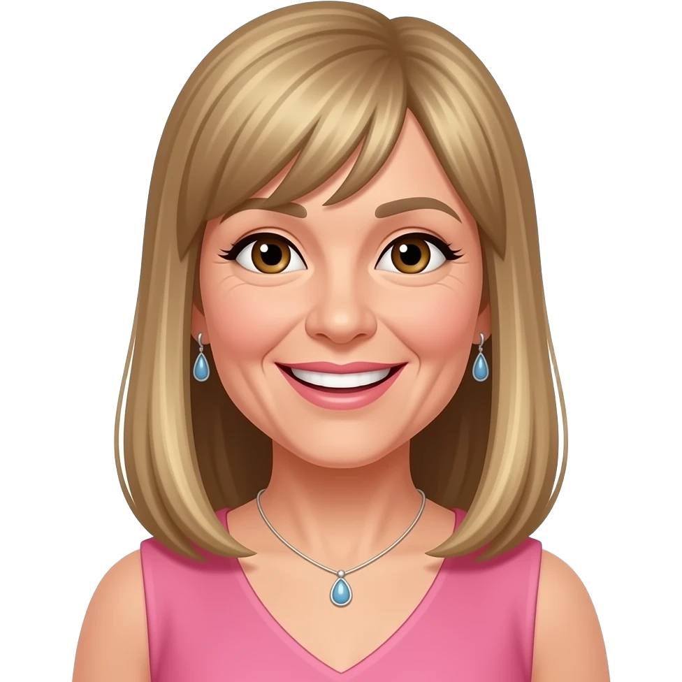 female, 50's, fringe, blonde highlights, straight long hair, straight fringe, earrings, brown eyes, pink dress, smile with teeth, neclace emoji