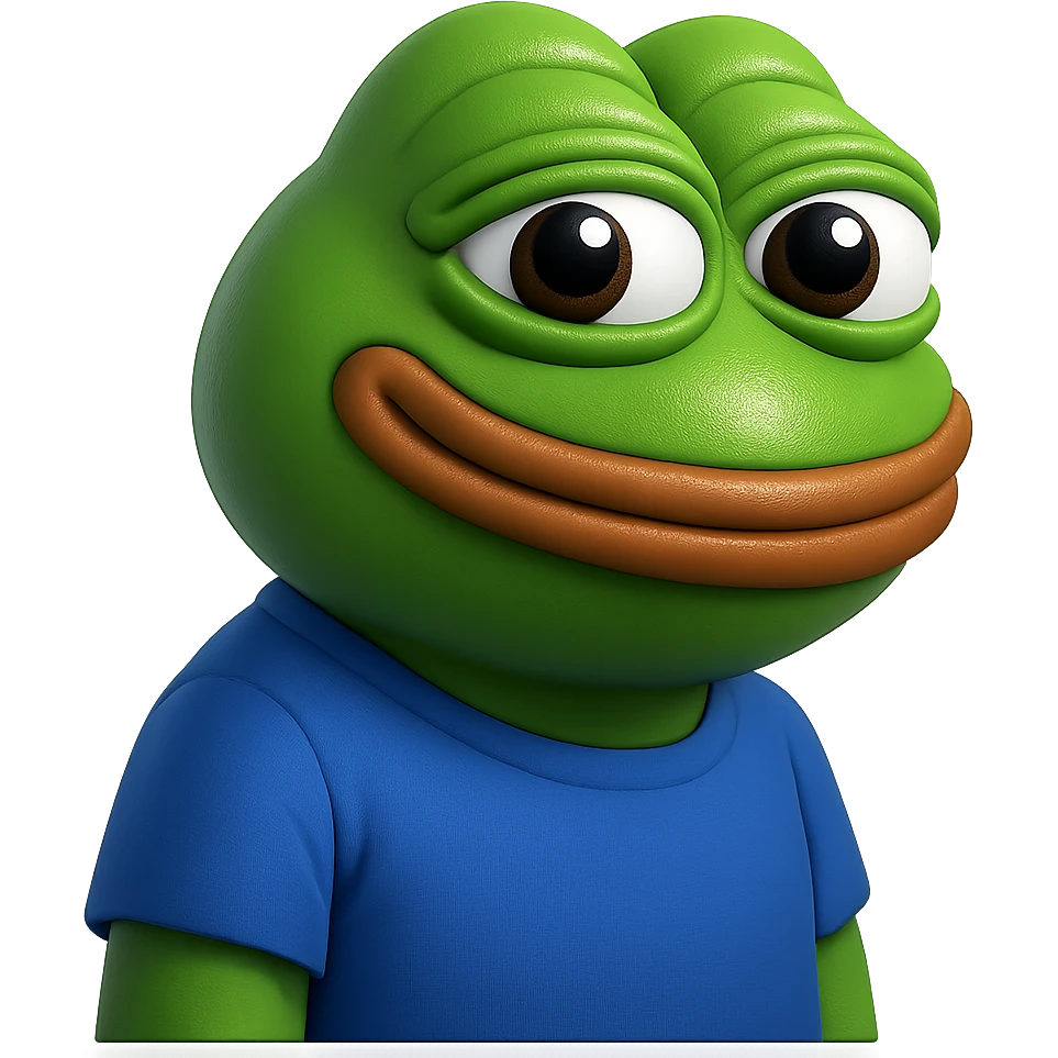 pepe in
- 3d style
- bright green
- blue shirt
- smiling
- looking straight at the camera
- good highlights and shadows
- 30deg angled towards the right
- 20% inset padding emoji