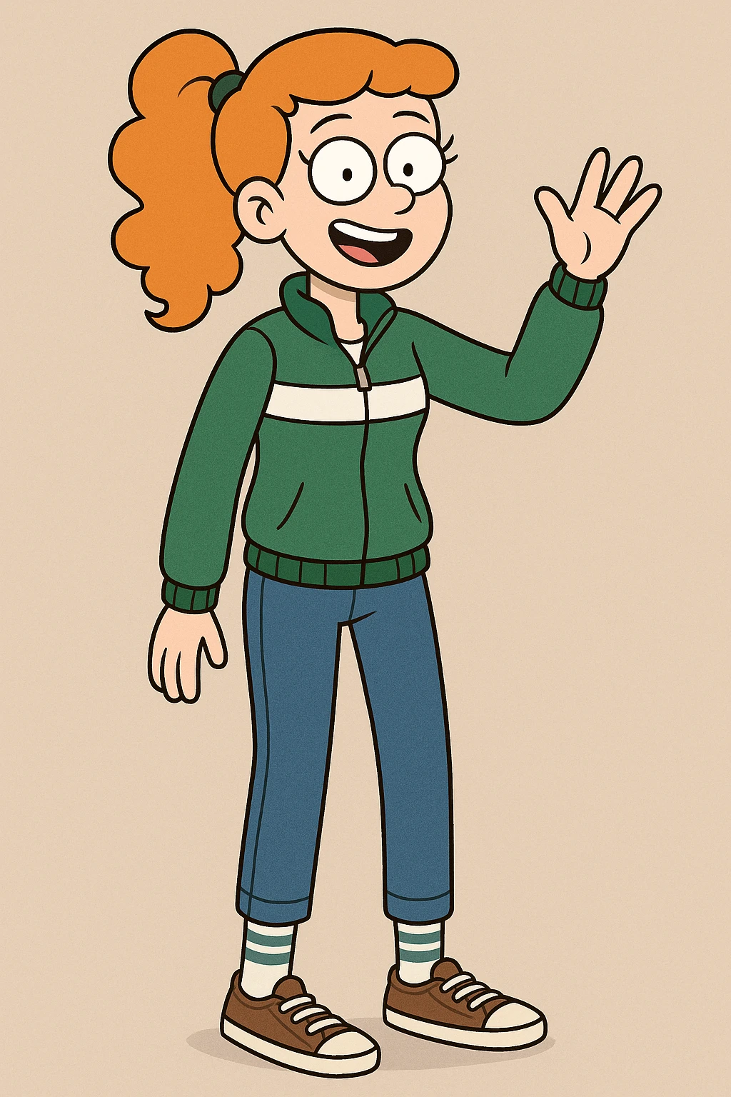 A girl Orange curly ponytail white green stripes ddre sshair jacket jeans blue sports striped socks brown converse women's chuck taylor all star shoreline slip on casual shoe wave and say hello emoji