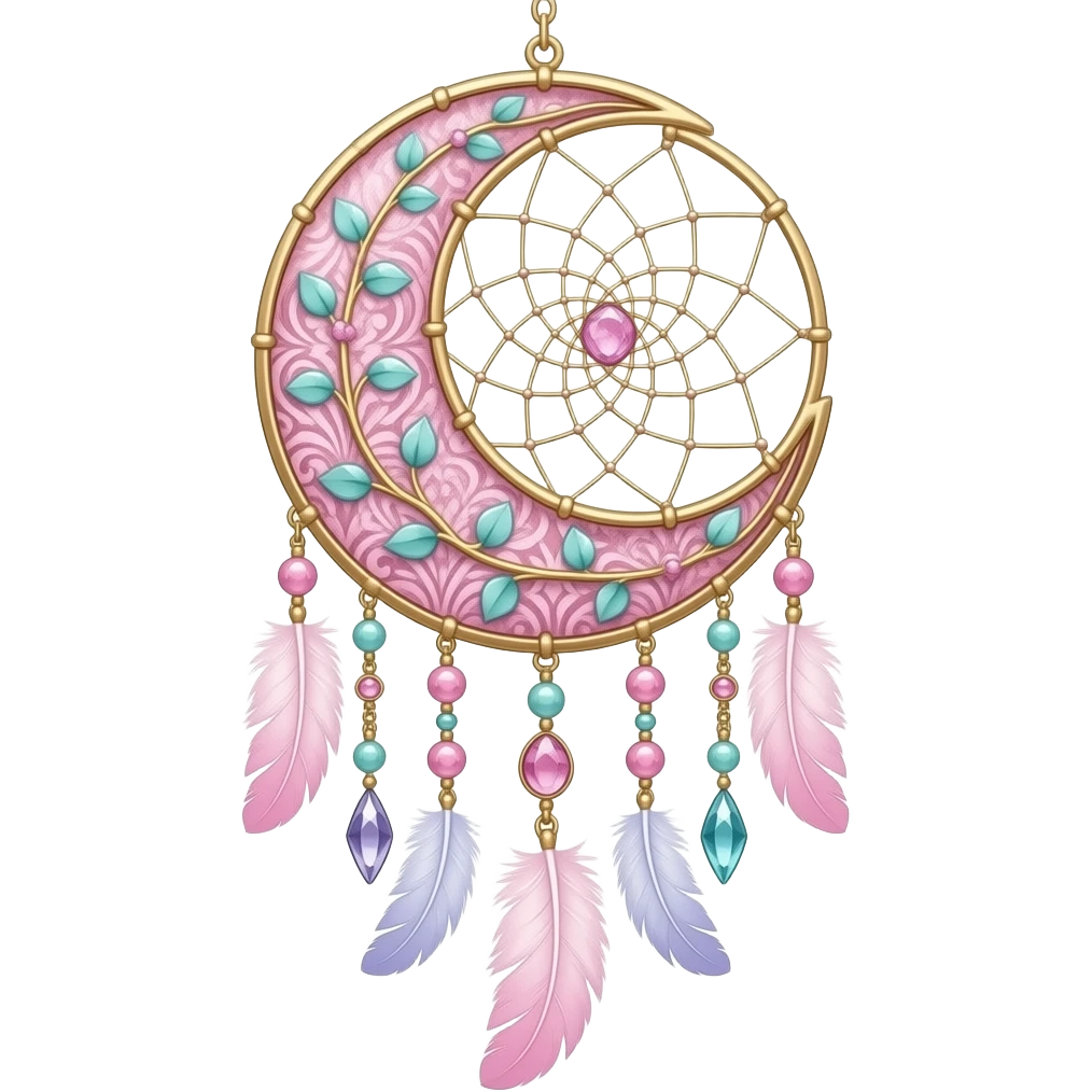Rosy shiny glossy sparkly romantic pastel crescent damask moon with rose quartz pastel vines pastel gems pastel beads with feathers and chains suncatcher-dreamcatcher emoji