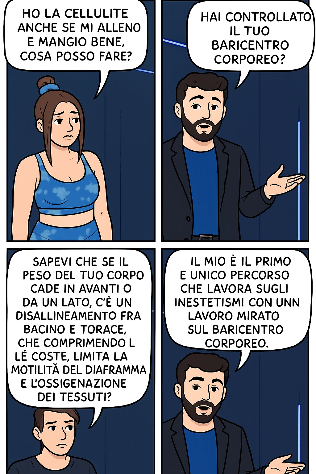 TRASFORMA QUESTO CAROSELLO IN UN FUMETTO CON QUESTE DUE PERSONE IDENTICHE CHE INTERLOQUISCONO TRA LORO:

LEI: Ho la cellulite anche se mi alleno e mangio bene, cosa posso fare?

LUI: Hai controllato il tuo baricentro corporeo?
LUI: Sapevi che se il peso del tuo corpo cade in avanti o da un lato, c’è un disallineamento fra bacino e torace, che comprimendo le coste, limita la motilità del diaframma e l’ossigenazione dei tessuti?
LUI: Il mio è il primo e unico percorso che lavora sugli inestetismi con un lavoro mirato sul baricentro corporeo. emoji