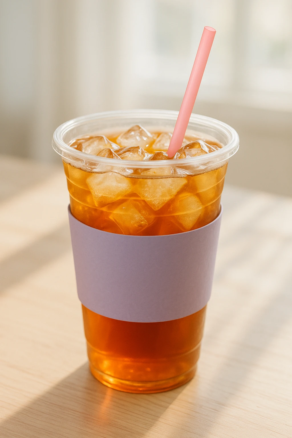 realistic sweet tea cup, lavender sleeve, pink straw, ice cubes, natural lighting emoji