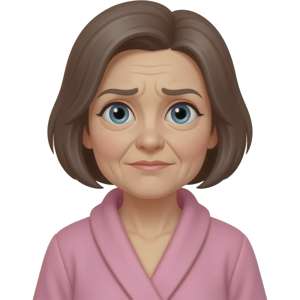 older woman with short brown and grey hair wearing a pink bathrobe and a slightly mad look on her face emoji