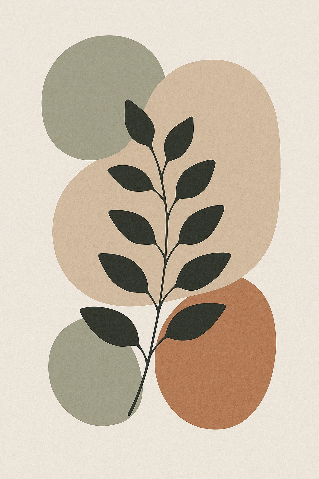 abstract botanical wall art, minimalist scandinavian style, large rounded organic shapes, eucalyptus branch silhouette, neutral earth tones (beige, sage, terracotta), subtle paper texture, modern interior decor, full bleed composition --v 6 --ar 3:4 --q 2 --style 4a emoji