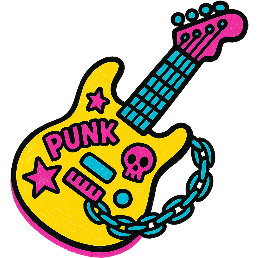 punk electric guitar with stickers and chains, energetic vibe emoji
