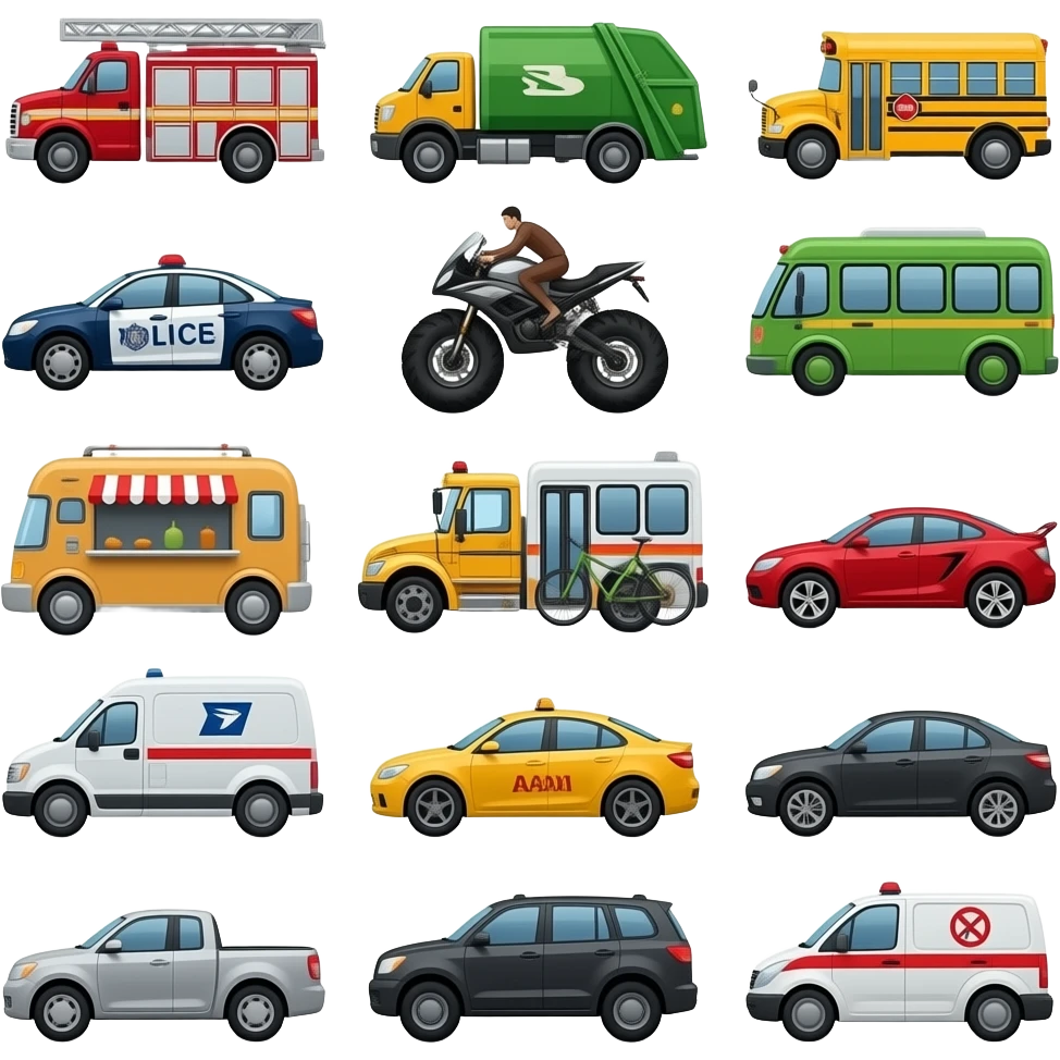 Car, fire truck, garbage truck, school bus, police car, motorcycle, monster truck, city bus, food truck, scooter, bicycle, tow truck, sport car, streetcar, jeep, taxi, limousine, mail truck, pickup truck, suv, minivan, van, and ambulance emoji