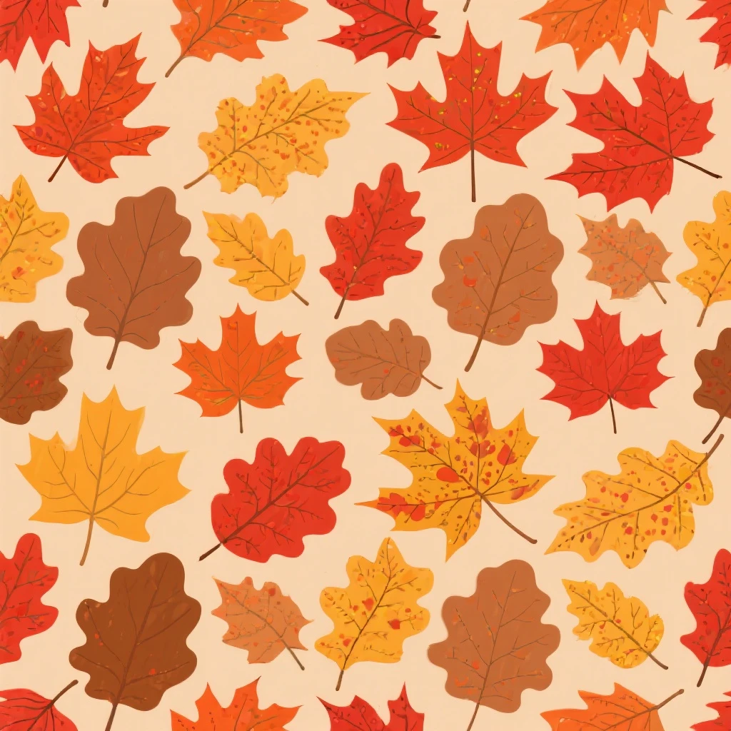 fall leaves seamless background, maple and oak leaves, red orange yellow brown, scattered pattern, soft texture, warm cozy vibe emoji
