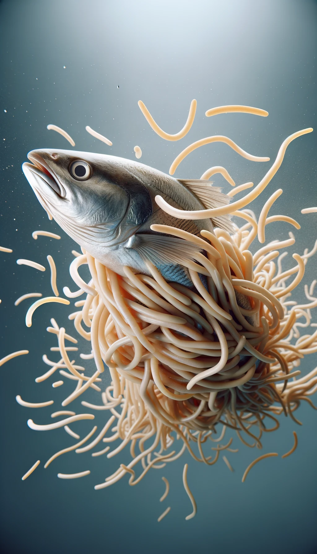 pesce crudo fluttua in aria insieme a dei lunghi vermi beige chiaro, iperrealistico 4k emoji