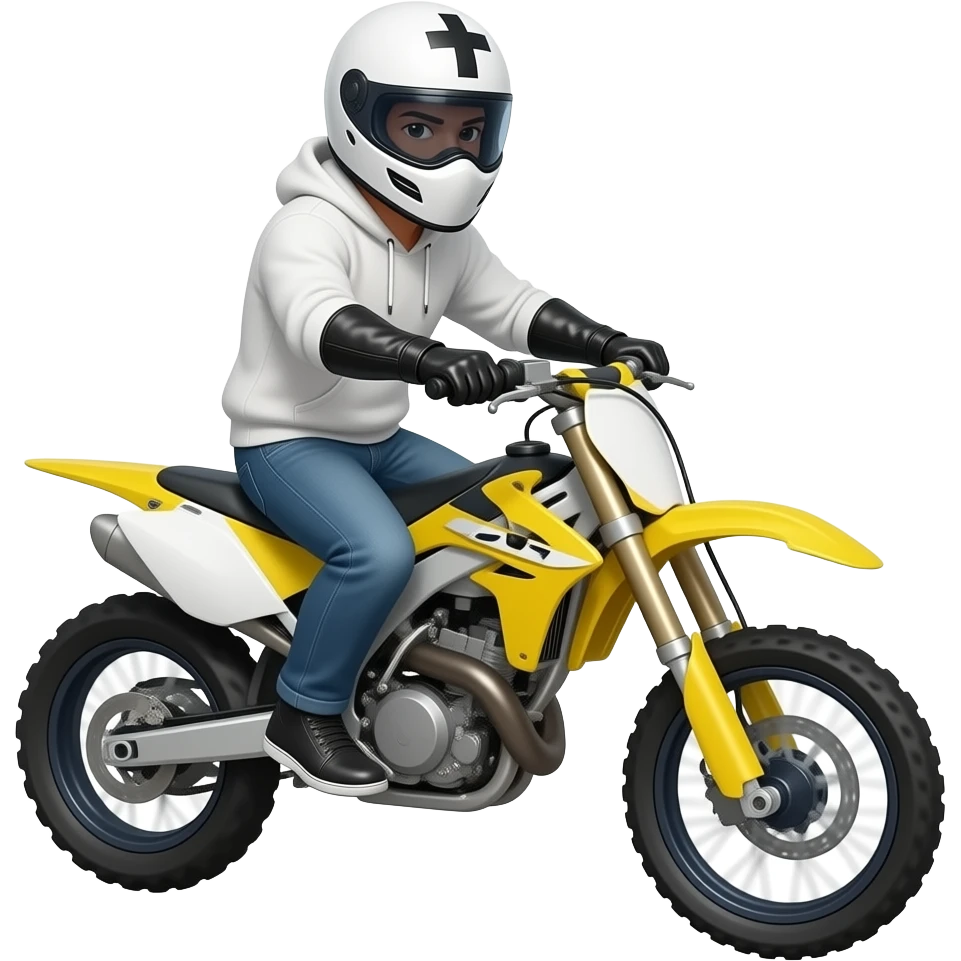 man wearing blue jeans, a white hoodie, black leather gloves, a white crosshelmet with a dark eyes shield and a white mask on a yellow cross motorcycle emoji