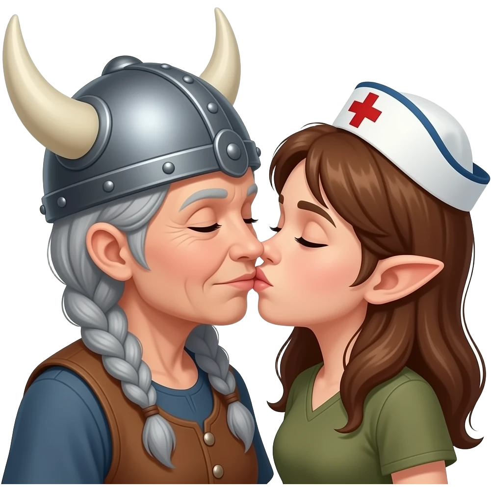 Viking helmet older woman with gray braids kissing pixie hair brunette old nurse cap on lips emoji