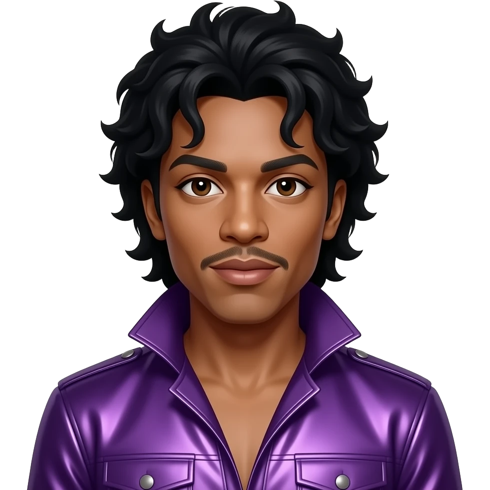 Prince Rogers Nelson with dark brown eyes, black hair, purple metallic funk outfit emoji