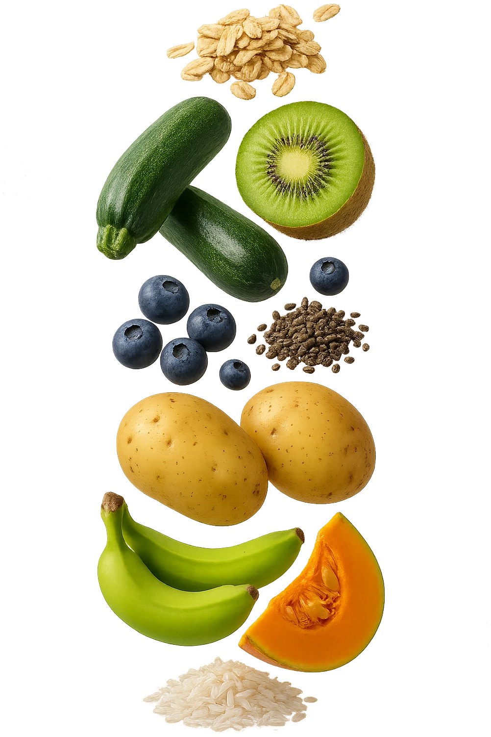 carota, fiocchi di avena, zucchine, kiwi, mirtilli, semi di chia, patate, banane acerbe, zucca, riso fluttuano in aria verticalmente, iperrealistici 4k emoji