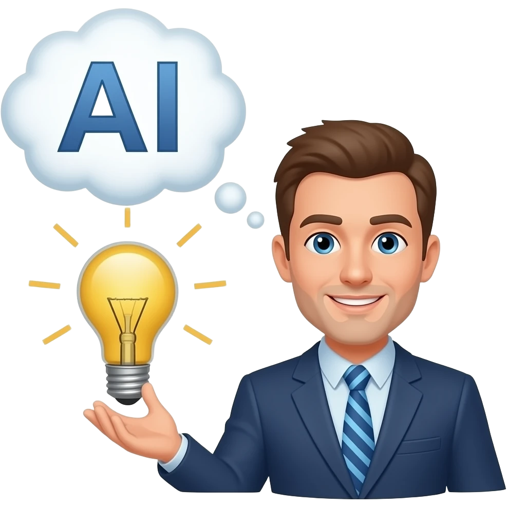 A man with great idea. Having a though a bubble of ai emoji