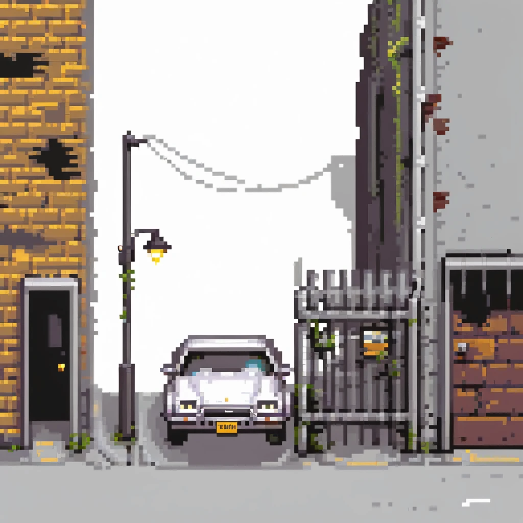 Pixel art back alley, graffiti walls, broken fence, flickering street light, abandoned car, urban decay, vertical composition, 9:16, Sega style 2D fighter background
 emoji