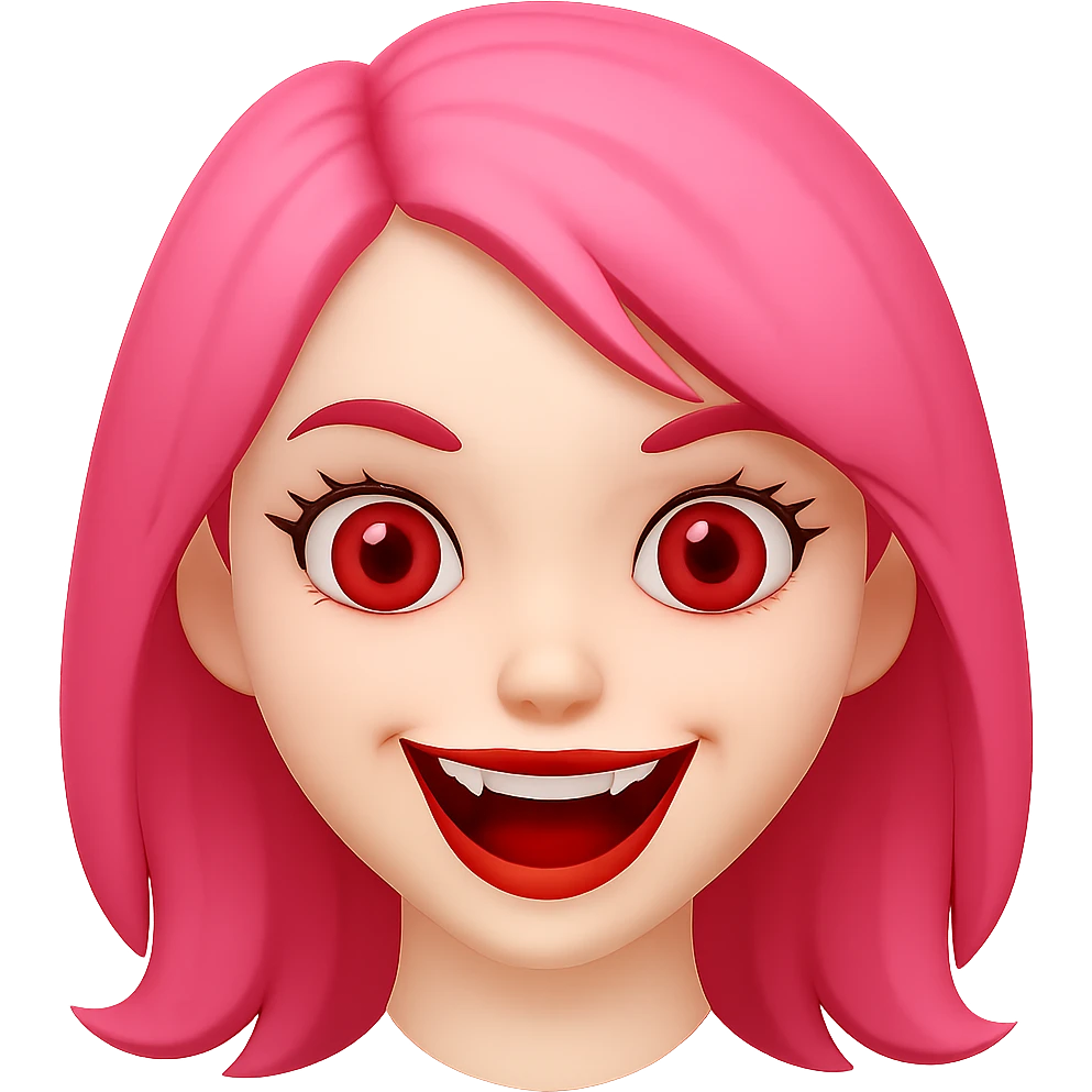 Change hair color to pink, keep white girl with red eyes, cute but scary face laughing, in emoji style similar to apple style emojis, concise prompt. emoji