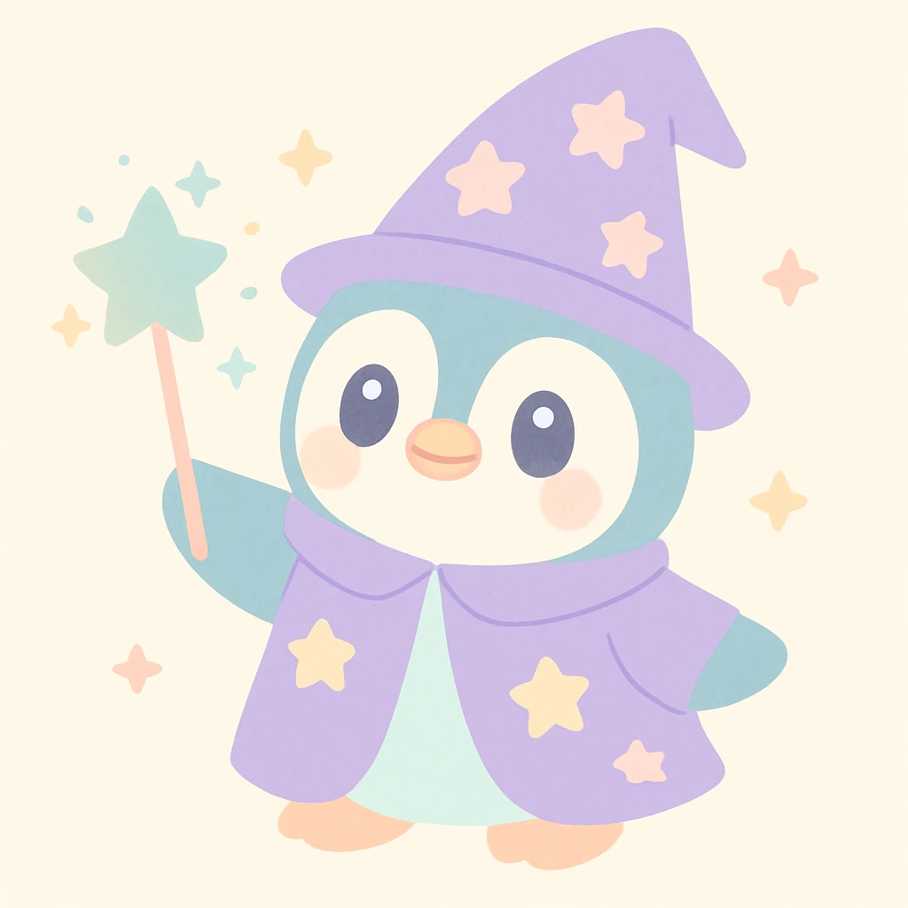 a cute penguin wizard casting a sparkling spell, wearing a starry robe and hat emoji