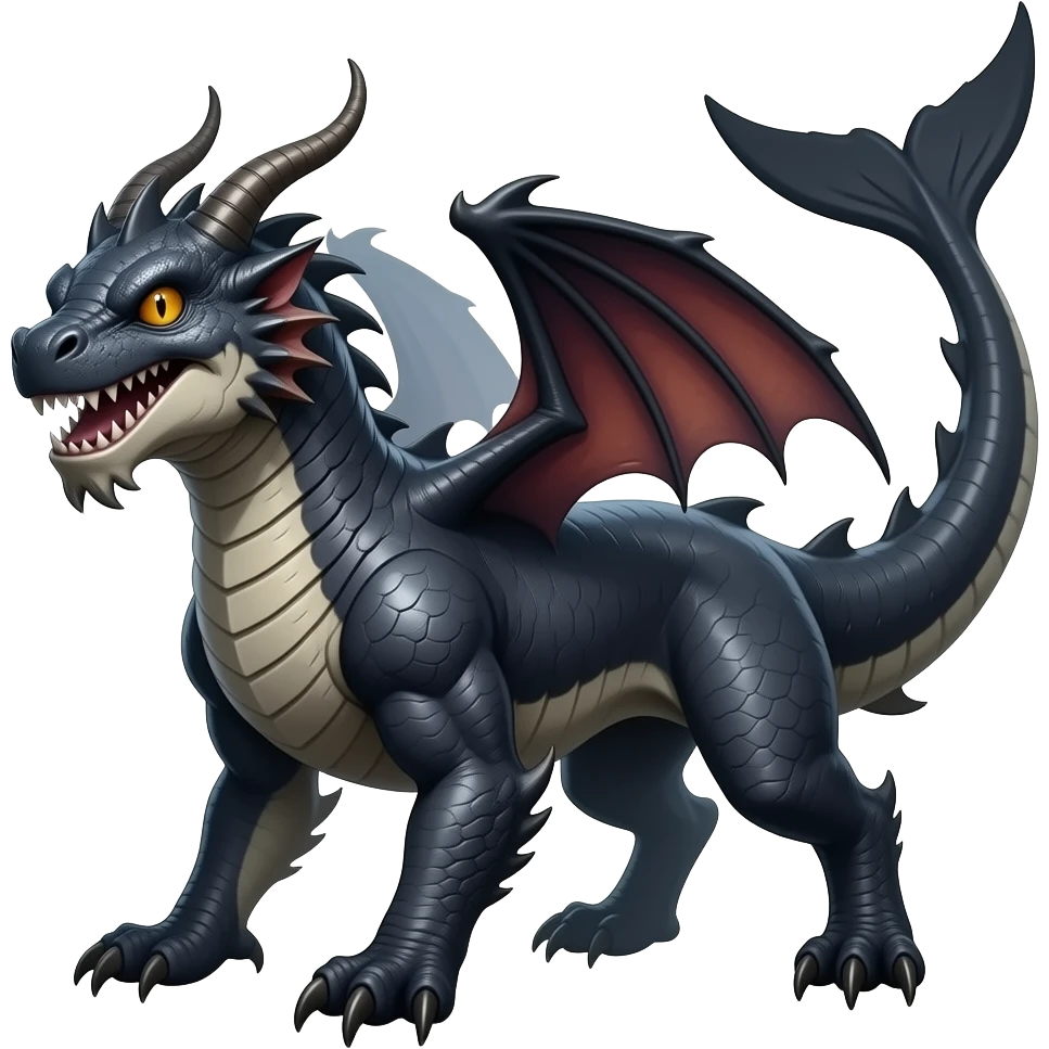 4-legged gothic ruff rough digitigrade dark badass edgy dragon-carvanha-sharpedo-Shark-Night-Fury-orca-hybrid-fusion-creature, with a long shark tail behind, full body emoji
