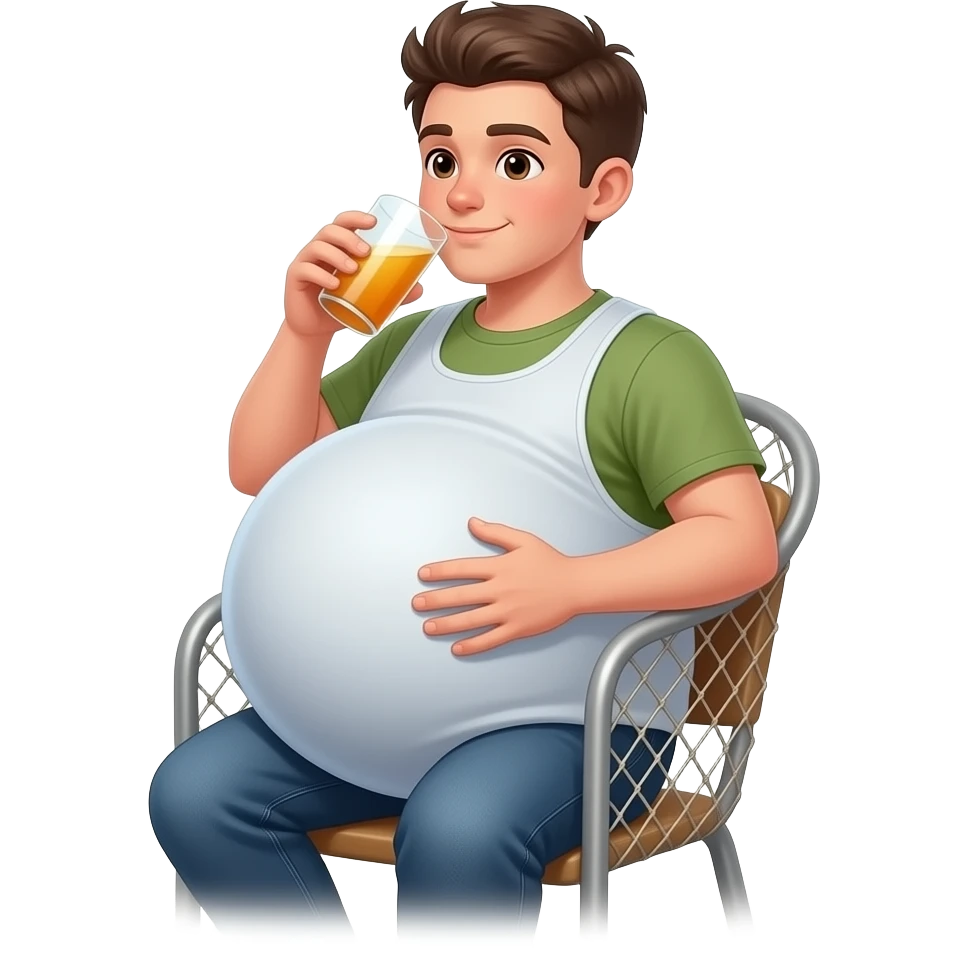 Zrób chłopak 16 latek z super super super ekstremalnie ogromny brzuch jak balon 🫄🏼 brzuch ma kształt jak ogromnej piłki + twarty brzuch i sieci na krześle i pije emoji