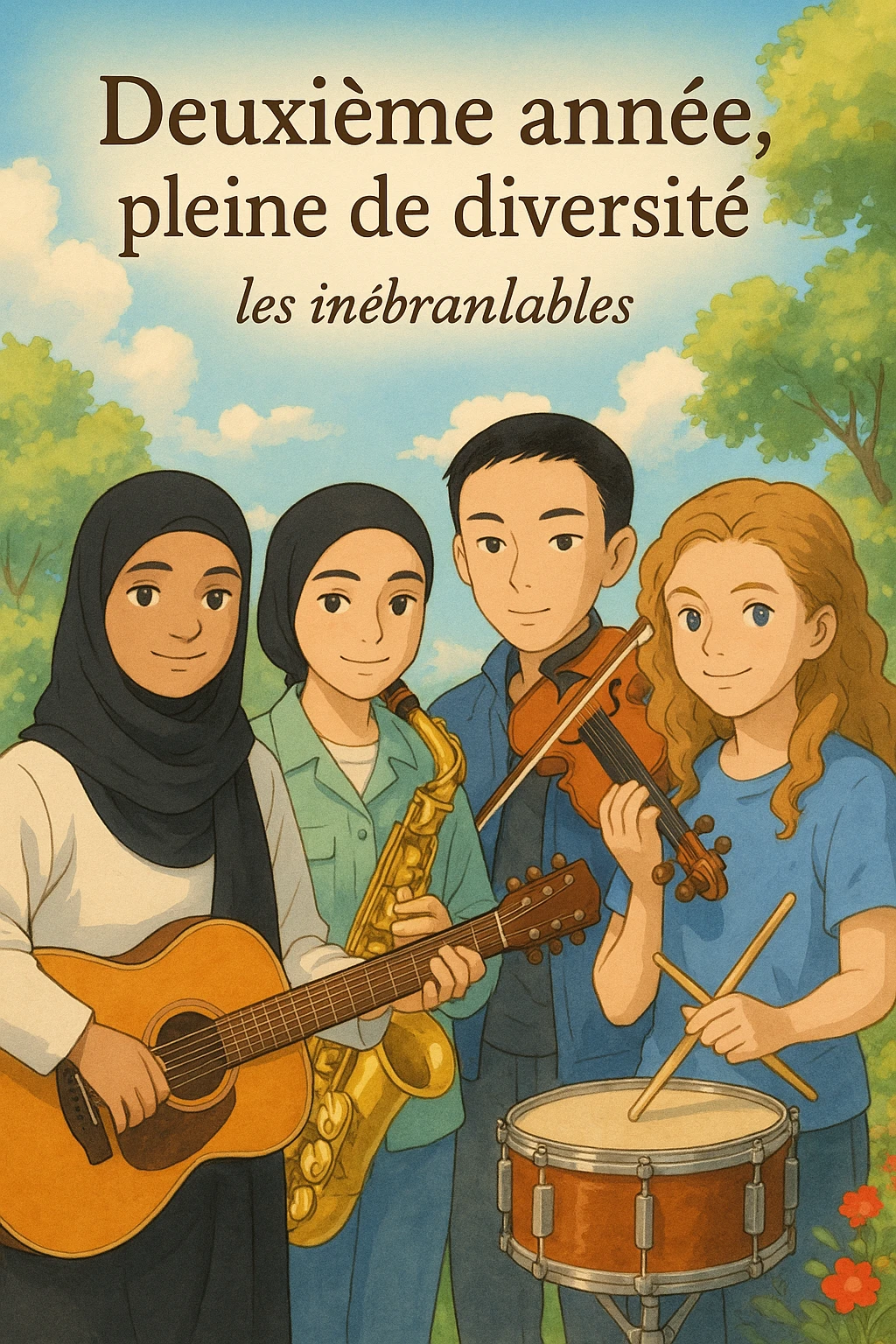 Create a warm and inviting cover in the Ghibli style featuring 4 students, each holding a different musical instrument: guitar, saxophone, violin, and drums. The composition should be dynamic with vivid colors and a welcoming background. Include the title 'Deuxième année, pleine de diversité' and the group name 'les inébranlables' prominently in the design. emoji