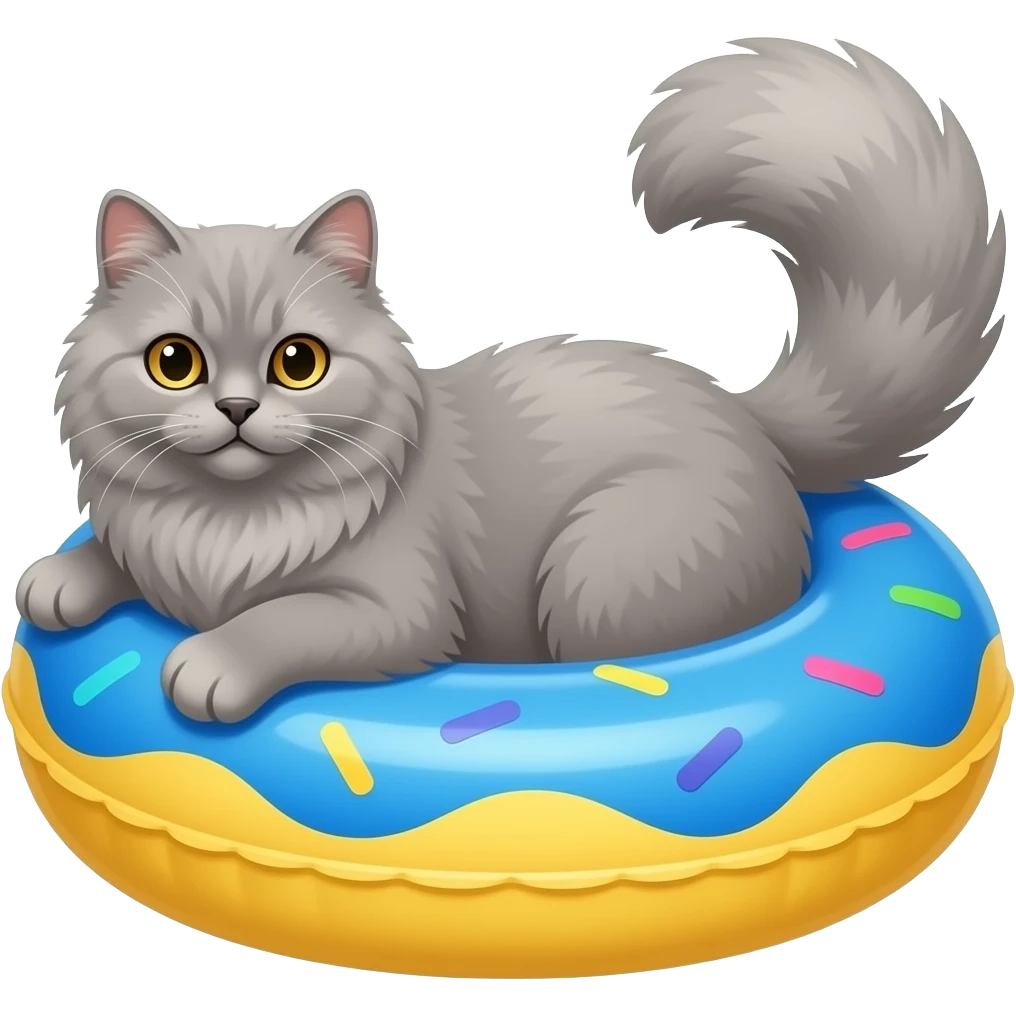 Grey Persian cat in a blue and yellow floating donut shaped pool float toy emoji