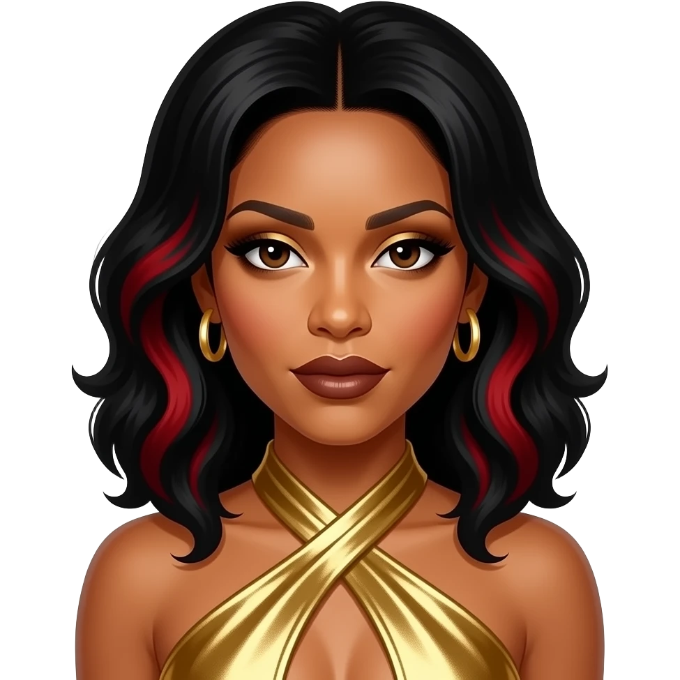 Kelly Rowland from Destiny's Child with dark brown eyes, black beehive hair with red highlights, gold eyeshadow, dark brown lipstick, gold metallic halter dress, gold earrings emoji