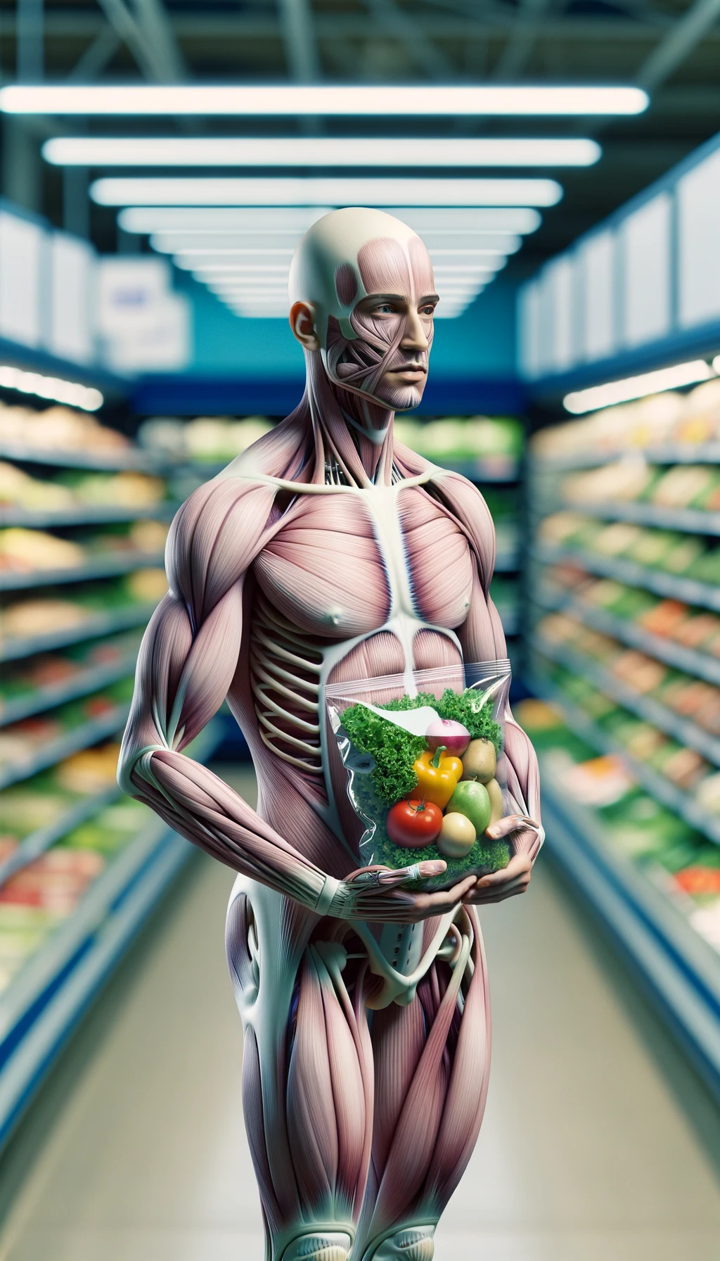 corpo umano anatomico con capelli corti in un supermercato che tiene in mano una busta di insalata di plastica preconfezionata, supermercato sfocato sullo sfondo emoji