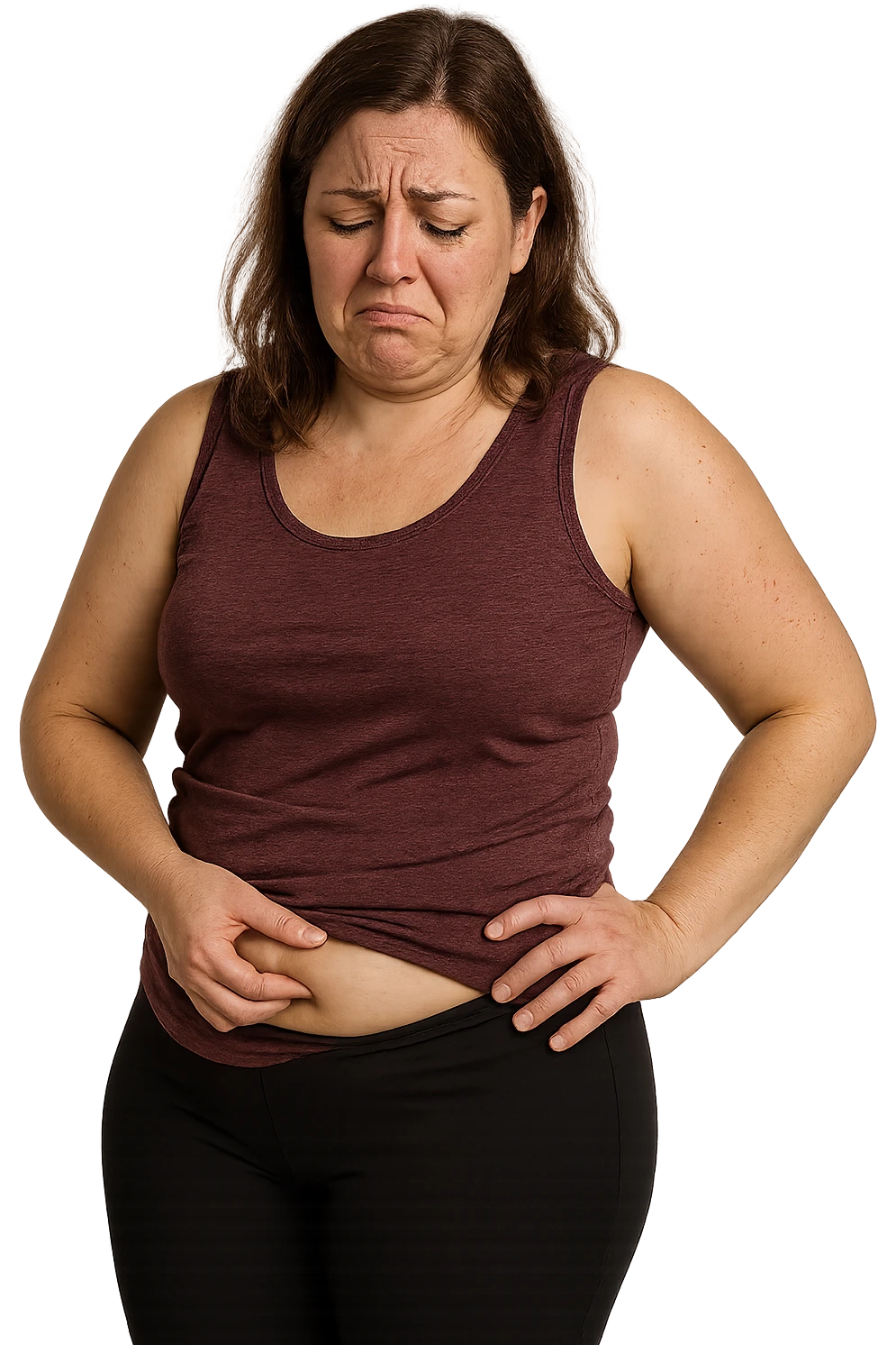 realistic woman, gesture or expression showing discomfort about her body weight, no background, 2:3 aspect ratio emoji