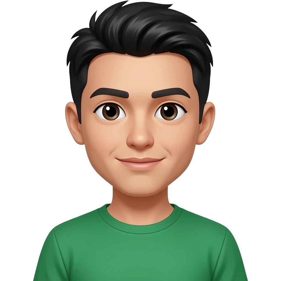 A character with short black hair, wearing a green t-shirt, bare ears, no jewelry, no earrings. emoji