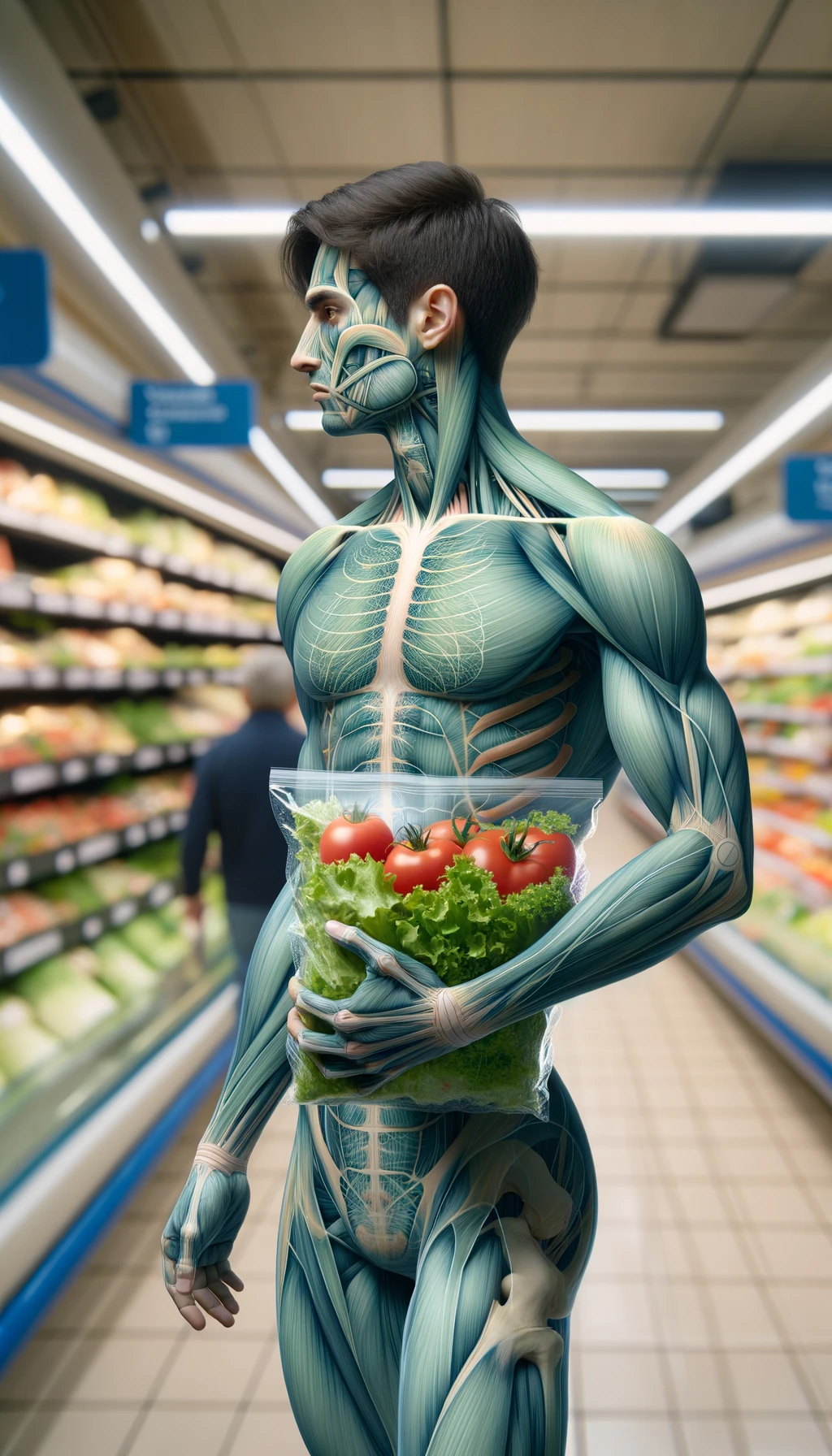 corpo umano anatomico con capelli corti in un supermercato che tiene in mano una busta di insalata di plastica preconfezionata, supermercato sfocato sullo sfondo emoji