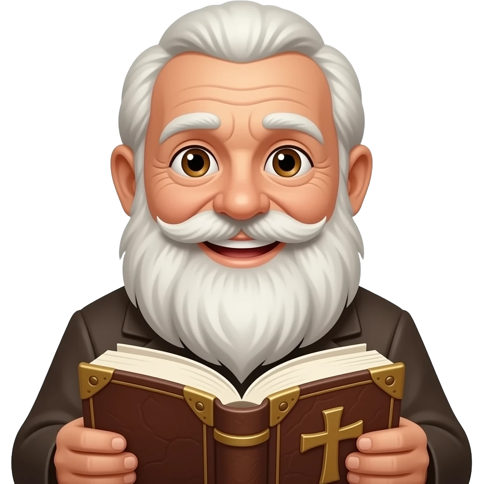 wise old man light brown skin brown eyes white beard smile with book that has a cross on it emoji