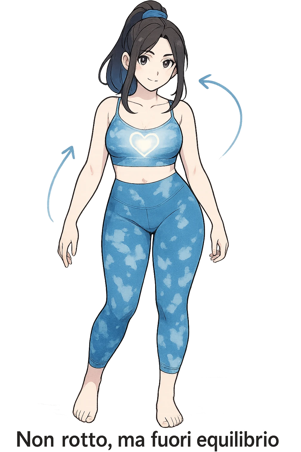 stile manga a woman stands in a relaxed pose, with a gentle, confident expression. Her body is shown with subtle, curved lines or arrows indicating areas of imbalance (such as a slight tilt in the shoulders or hips), but no signs of injury or damage. A soft glow or heart symbol at her core emphasizes resilience and the message “Non rotto, ma fuori equilibrio” The background is clean and clinical, with light blue tones. emoji