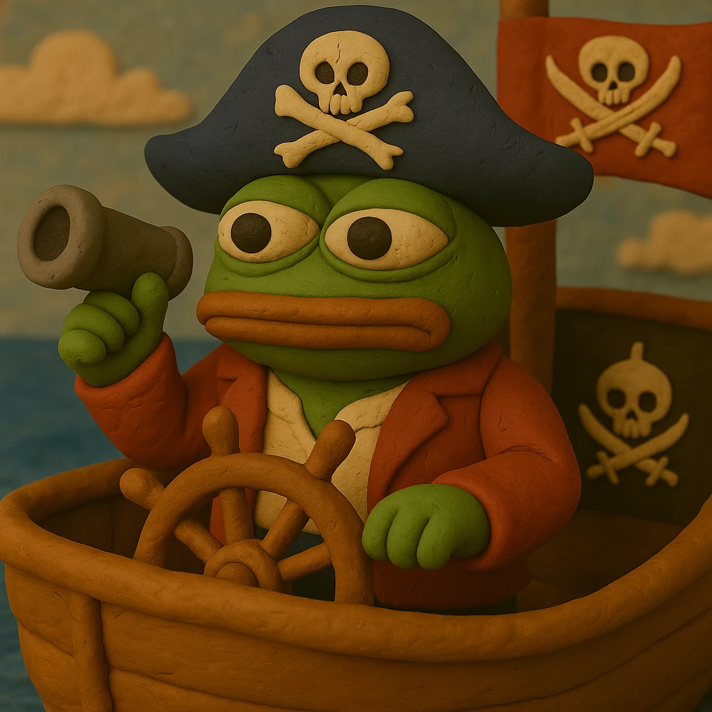 Ensure the exact skull and crossbones is clearly visible on both the pirate flag and the pirate hat in the claymation style image of Pepe the Frog as a pirate captain on a ship, ocean background. emoji