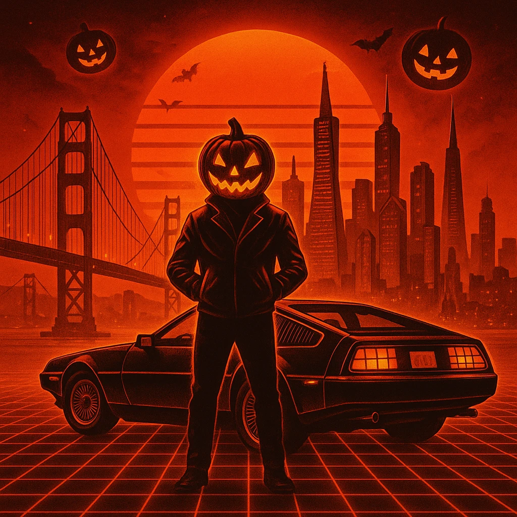 Make the head of the person a halloween pumpkin, make the entire image feel like Halloween retro, make the cityscape san francisco emoji