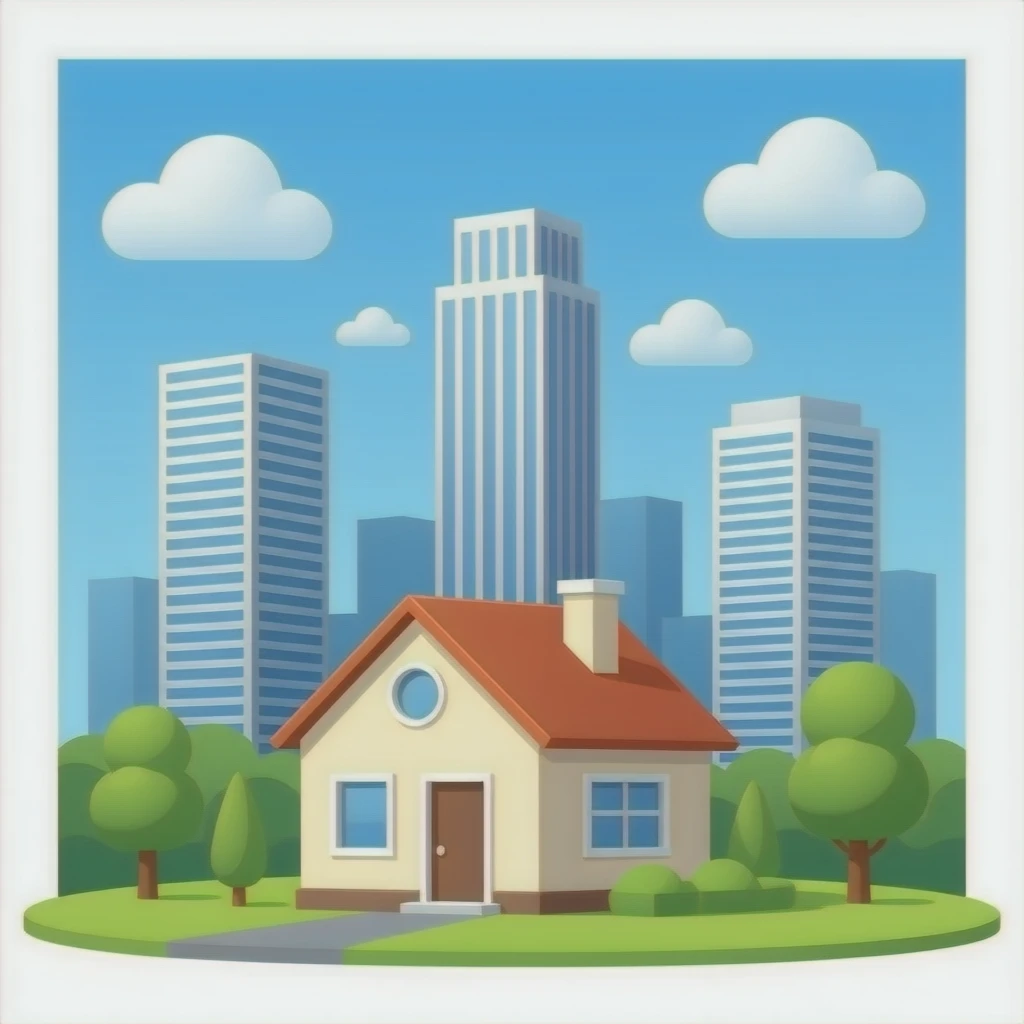 a house and tall office buildings on a simple white background emoji