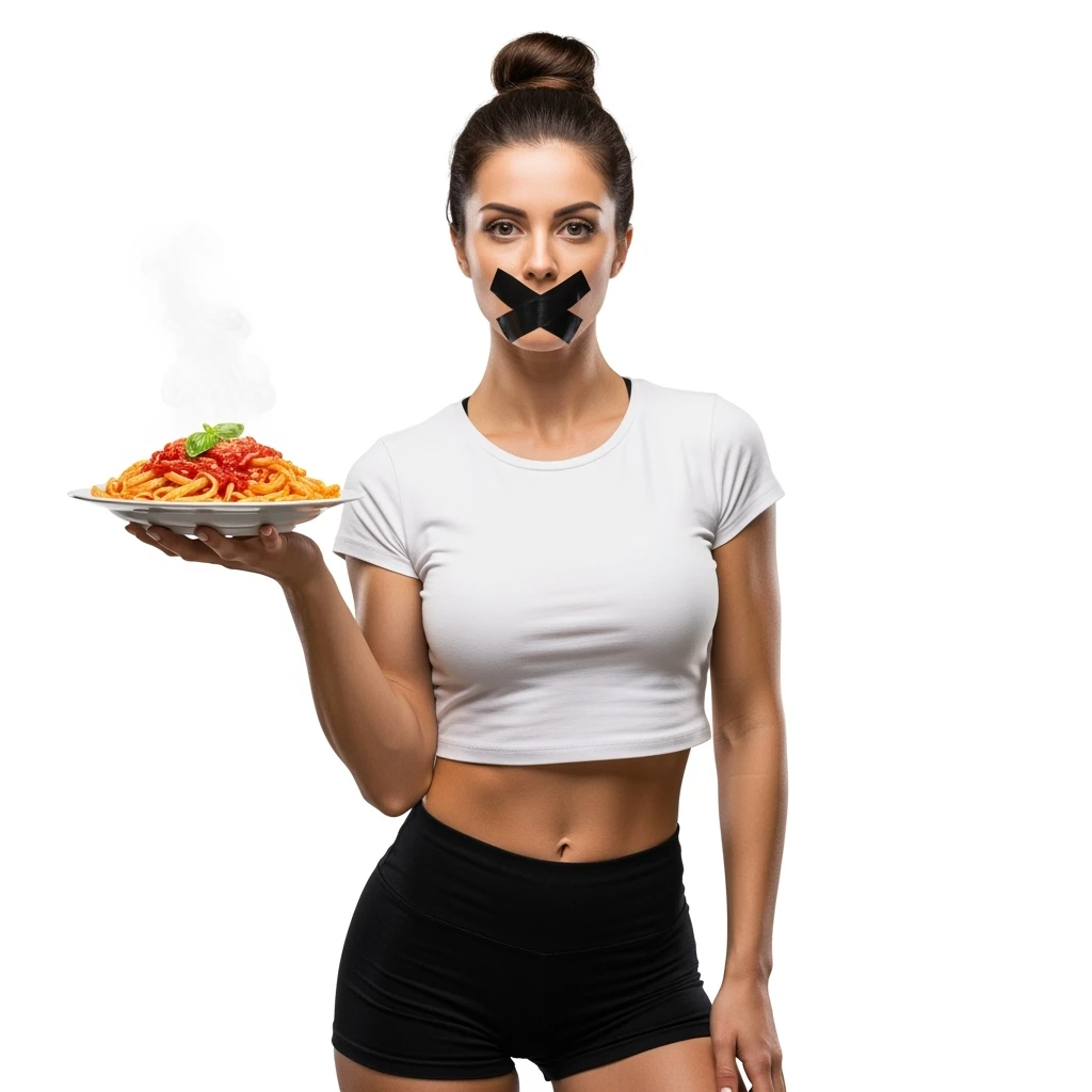 DONNA FITNESS ITALIANA PIATTO DI PASTA IN MANO E SCOTCH A CROCE SULLA BOCCA, IPERREALISTICA 4K, ISOLATA SU SFONDO BIANCO emoji