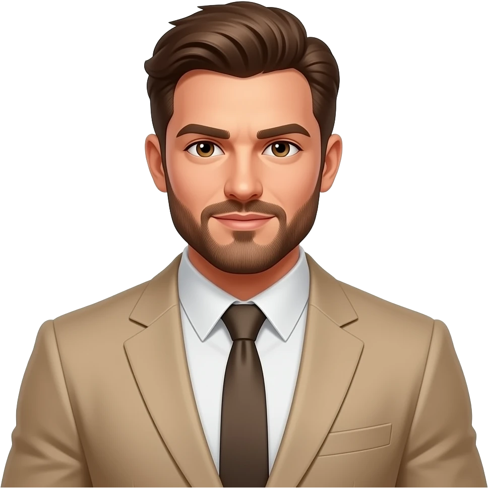 homme, cheveux châtains, barbe, yeux marrons, en costume beige, musclé emoji