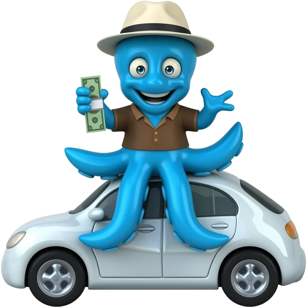 A squid BLUE with Brown shirt and hat  white and on car with money emoji