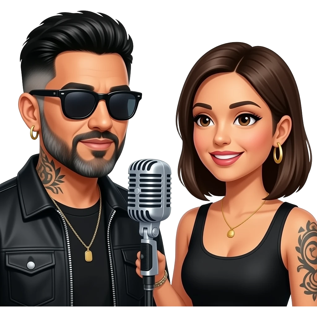 A podcast host, a handsome Latino man with medium hair, a graying beard, tattoos, hoops in his nose and ear, all in black with sunglasses, interviews a woman in front of a microphone with a logo reading "As I Am." emoji
