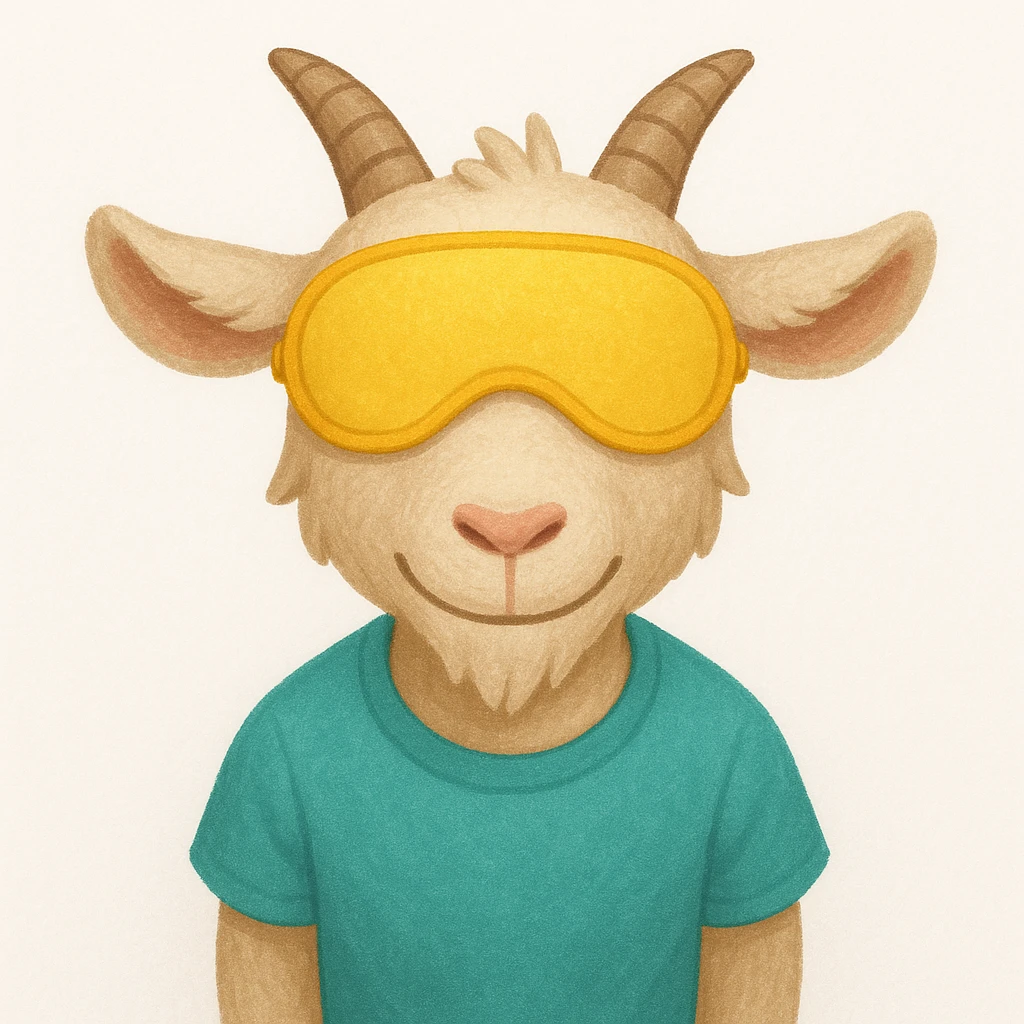 a goat with yellow sleep mask and wearing shirt, front view,  Frontal Top-Down Soft Light, white background, portrait, casual cartoon stylized emoji