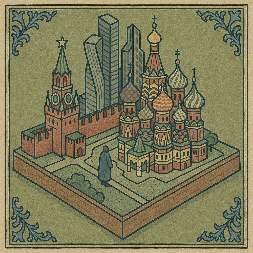 Изометричная миниатюрная 3D модель Москвы на подставке - фотореалистичный Кремль, собор Василия Блаженного, Башни Москва-Сити, аккуратная детализация, яркие цвета, мультяшный реализм, компактная композиция,  вид сверху в изометрии emoji