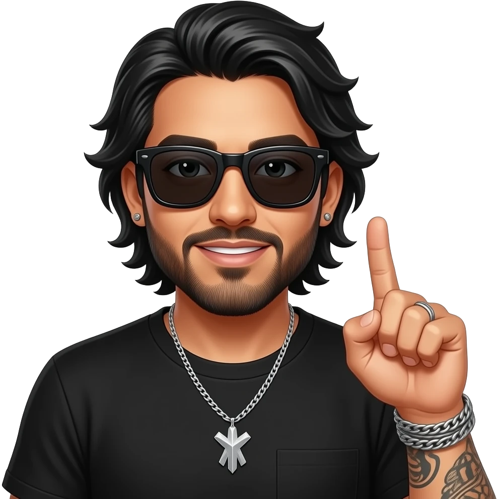 handsome, manly Latino podcast host with black colored eyes wearing black with silver jewelry, with medium length hair, a very long, lightly graying beard and tattoos, his ear pierced and right nostril as well, dark sunglasses, says “call me” with hand emoji
