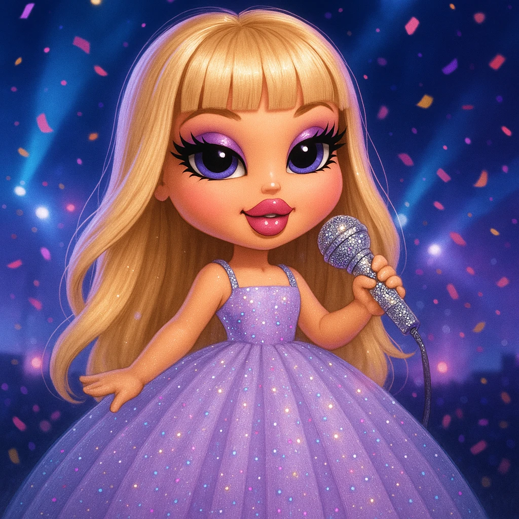 Pretty and girly Blonde pop star with bangs wearing a sparkly tulle light purple ballgown, holding a bedazzled microphone, reimagined as a cute Bratz doll, with a nighttime concert backdrop with colorful confetti emoji