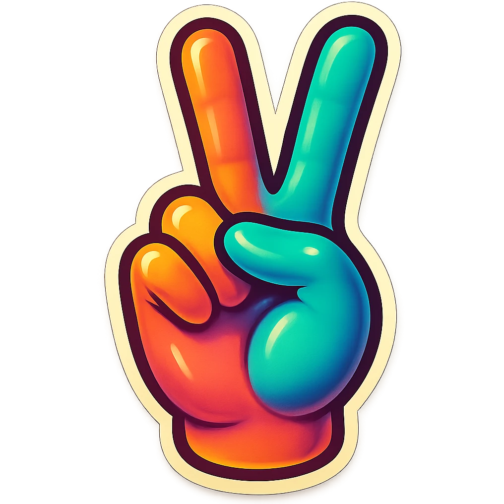 a peace sign hand gesture with colorful outlines, retro sticker style emoji