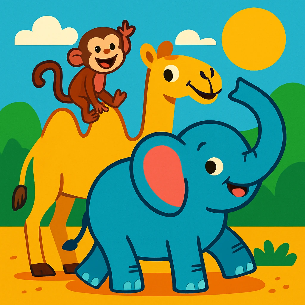 group of monkey, camel, and elephant together, cartoon style, vibrant colors, playful scene emoji