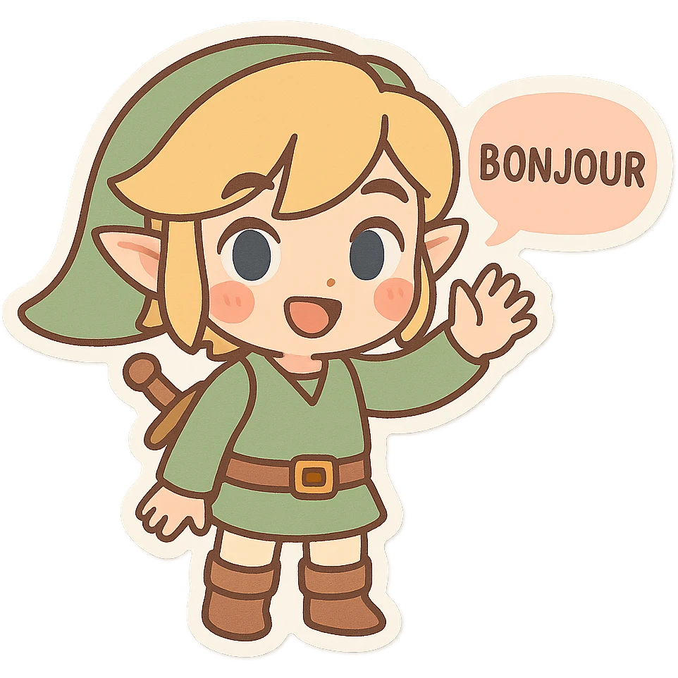 Chibi Link from Zelda, waving hand, saying bonjour, cute and playful, pastel colors emoji