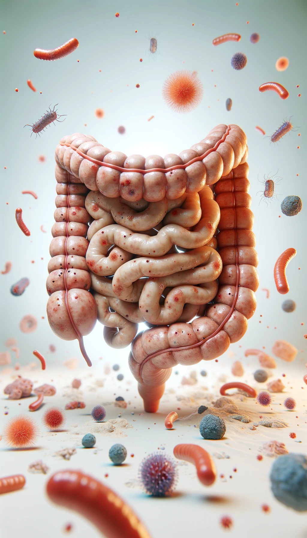 intestino umano realistico con batteri e parassiti che gli fluttuano intorno, sfondo chiaro, iperrealistico 4k emoji