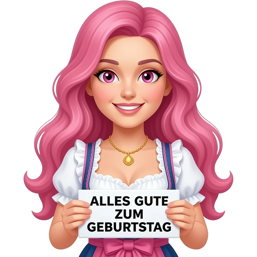 sexy girl with long pink hair and pink eyes wearing a dirndl holding a ALLES GUTE ZUM GEBURTSTAG sign emoji