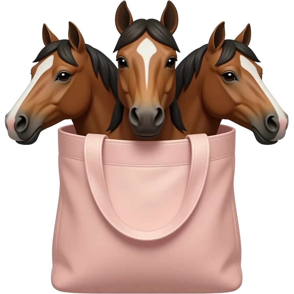Generate a horse head inside a bag. Give it more heads and make the bag pink. make it look like an 2d artwork emoji